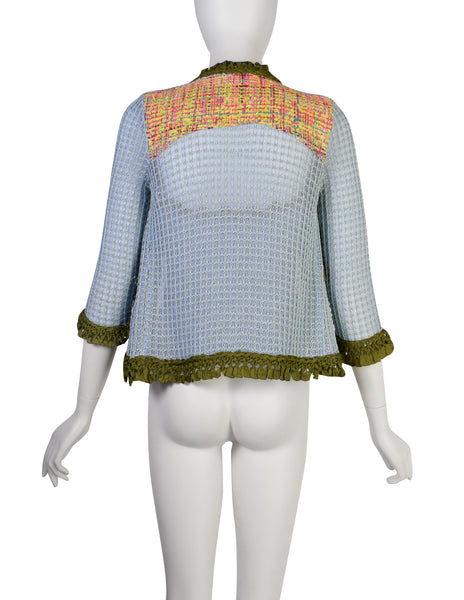 Christian Lacroix Vintage SS 2000 Baby Blue Multicolor Floral Embellished Knit Crochet Tank Top & Cardigan Twin Set