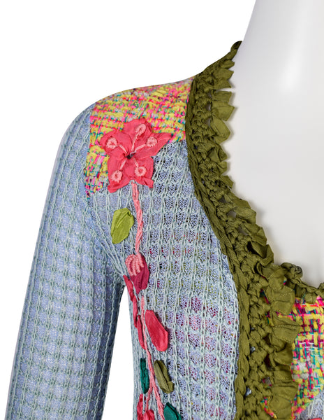 Christian Lacroix Vintage SS 2000 Baby Blue Multicolor Floral Embellished Knit Crochet Tank Top & Cardigan Twin Set