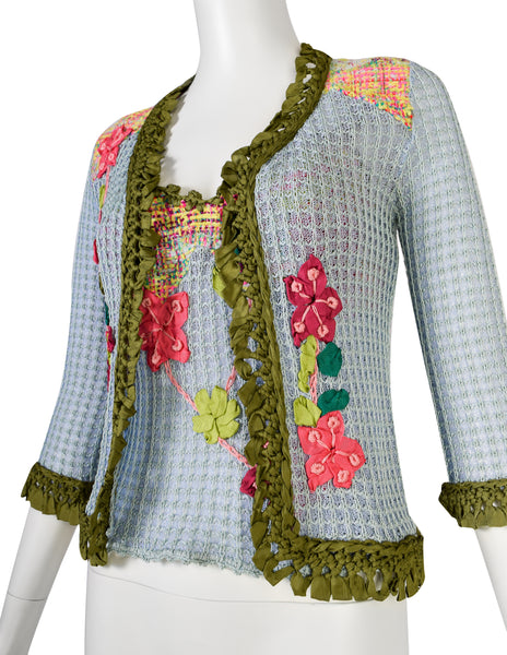 Christian Lacroix Vintage SS 2000 Baby Blue Multicolor Floral Embellished Knit Crochet Tank Top & Cardigan Twin Set