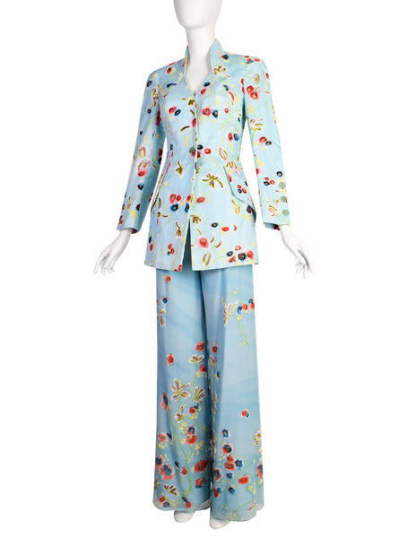 Christian Lacroix Vintage SS 1998 Baby Blue Silk Georgette Degrade Velvet Floral Jacket Paint Suit