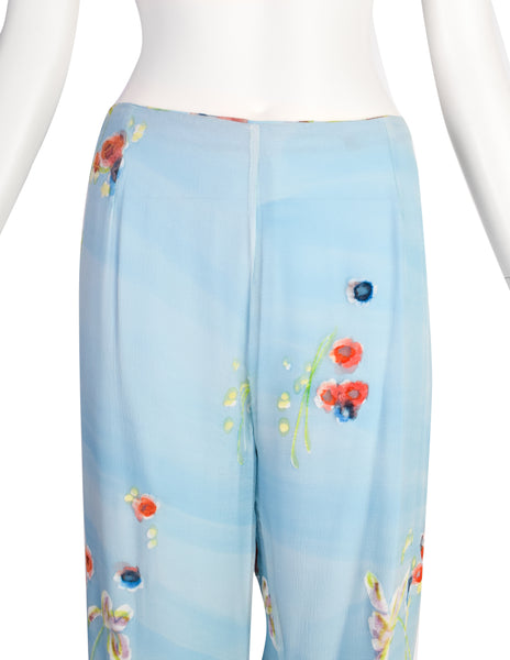 Christian Lacroix Vintage SS 1998 Baby Blue Silk Georgette Degrade Velvet Floral Jacket Paint Suit