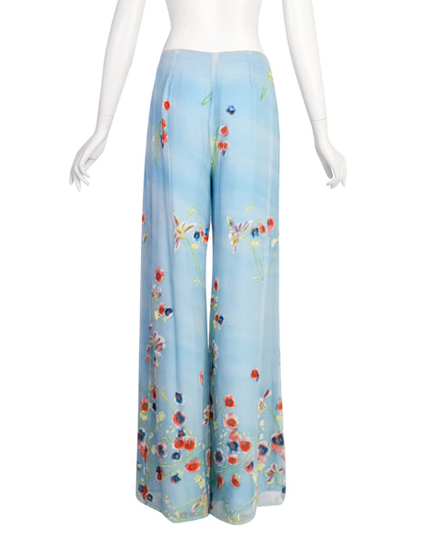 Christian Lacroix Vintage SS 1998 Baby Blue Silk Georgette Degrade Velvet Floral Jacket Paint Suit