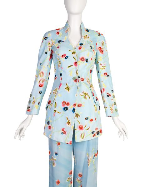 Christian Lacroix Vintage SS 1998 Baby Blue Silk Georgette Degrade Velvet Floral Jacket Paint Suit