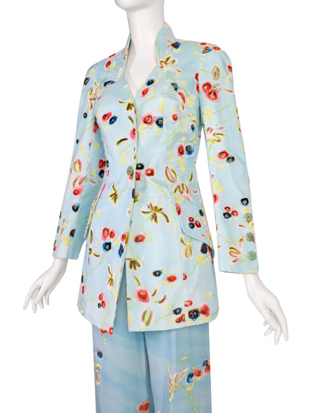 Christian Lacroix Vintage SS 1998 Baby Blue Silk Georgette Degrade Velvet Floral Jacket Paint Suit