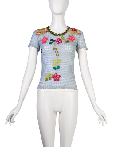 Christian Lacroix Vintage SS 2000 Baby Blue Multicolor Floral Embellished Knit Crochet Tee Sweater