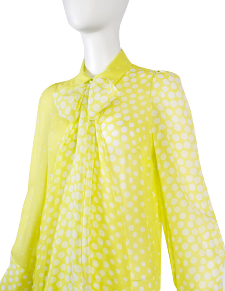 Christian Lacroix Vintage Neon Yellow-Green Polka Dot Silk Georgette Lavaliere Shirt