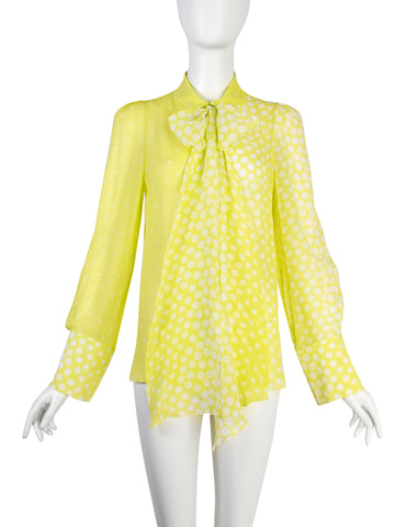 Christian Lacroix Vintage Neon Yellow-Green Polka Dot Silk Georgette Lavaliere Shirt