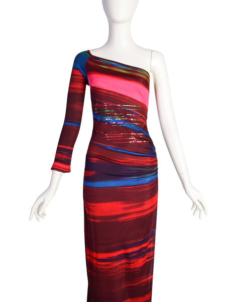 Christian Lacroix Vintage Multicolor Artsy Striped Pailette One Shoulder Body Con Dress