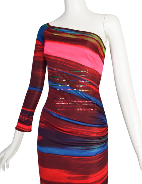 Christian Lacroix Vintage Multicolor Artsy Striped Pailette One Shoulder Body Con Dress