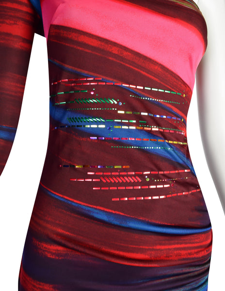 Christian Lacroix Vintage Multicolor Artsy Striped Pailette One Shoulder Body Con Dress