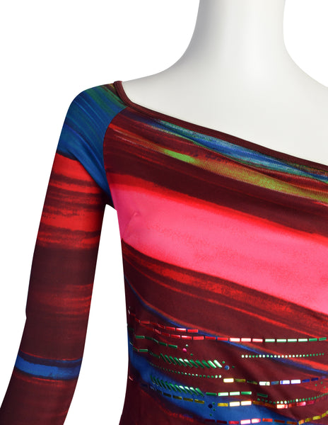 Christian Lacroix Vintage Multicolor Artsy Striped Pailette One Shoulder Body Con Dress