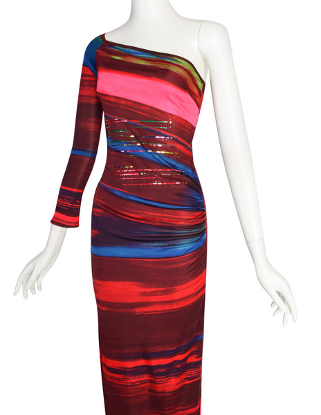 Christian Lacroix Vintage Multicolor Artsy Striped Pailette One Shoulder Body Con Dress