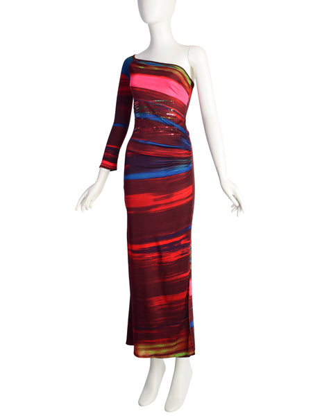 Christian Lacroix Vintage Multicolor Artsy Striped Pailette One Shoulder Body Con Dress