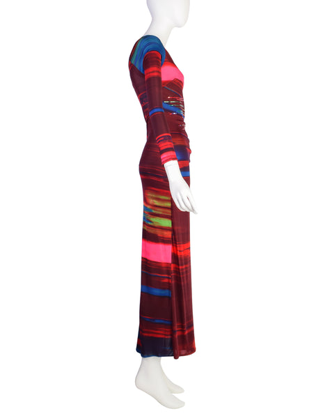 Christian Lacroix Vintage Multicolor Artsy Striped Pailette One Shoulder Body Con Dress