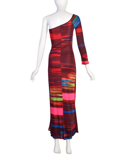 Christian Lacroix Vintage Multicolor Artsy Striped Pailette One Shoulder Body Con Dress