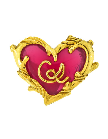 Christian Lacroix Vintage Golden Branch Framed Logo Hot Pink Glass Heart Brooch Pin