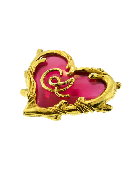 Christian Lacroix Vintage Golden Branch Framed Logo Hot Pink Glass Heart Brooch Pin