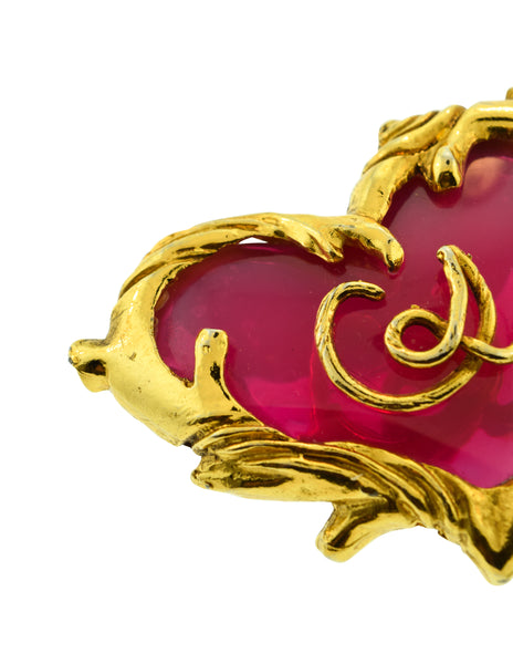 Christian Lacroix Vintage Golden Branch Framed Logo Hot Pink Glass Heart Brooch Pin