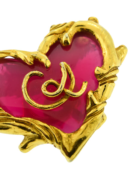 Christian Lacroix Vintage Golden Branch Framed Logo Hot Pink Glass Heart Brooch Pin