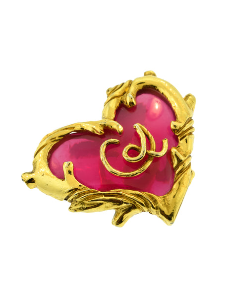 Christian Lacroix Vintage Golden Branch Framed Logo Hot Pink Glass Heart Brooch Pin