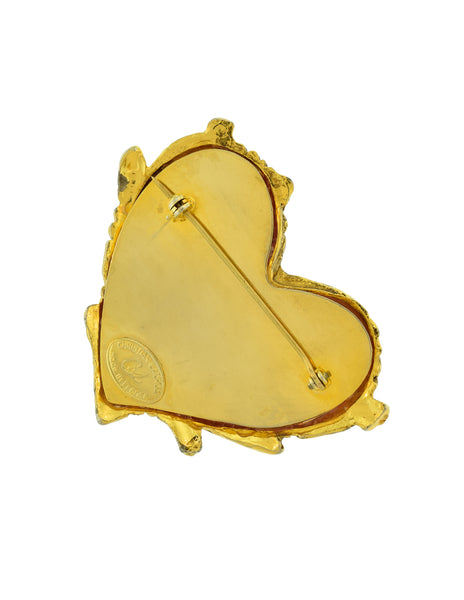 Christian Lacroix Vintage Golden Branch Framed Logo Hot Pink Glass Heart Brooch Pin