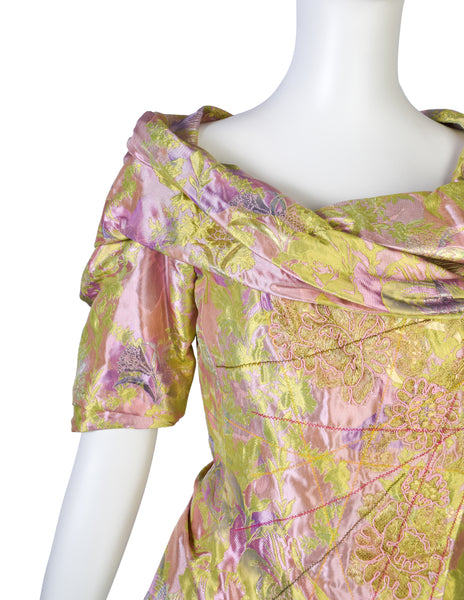 Christian Lacroix Vintage SS 1999 Pink Green Metallic Iridescent Floral Brocade Embroidered Satin Jacket Top