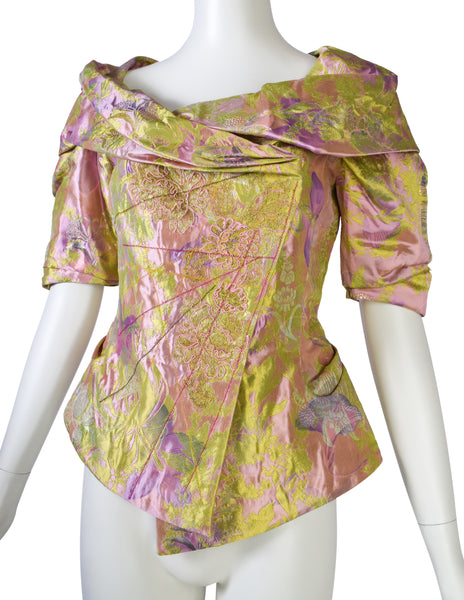 Christian Lacroix Vintage SS 1999 Pink Green Metallic Iridescent Floral Brocade Embroidered Satin Jacket Top