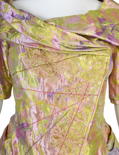 Christian Lacroix Vintage SS 1999 Pink Green Metallic Iridescent Floral Brocade Embroidered Satin Jacket Top