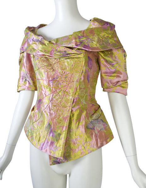 Christian Lacroix Vintage SS 1999 Pink Green Metallic Iridescent Floral Brocade Embroidered Satin Jacket Top
