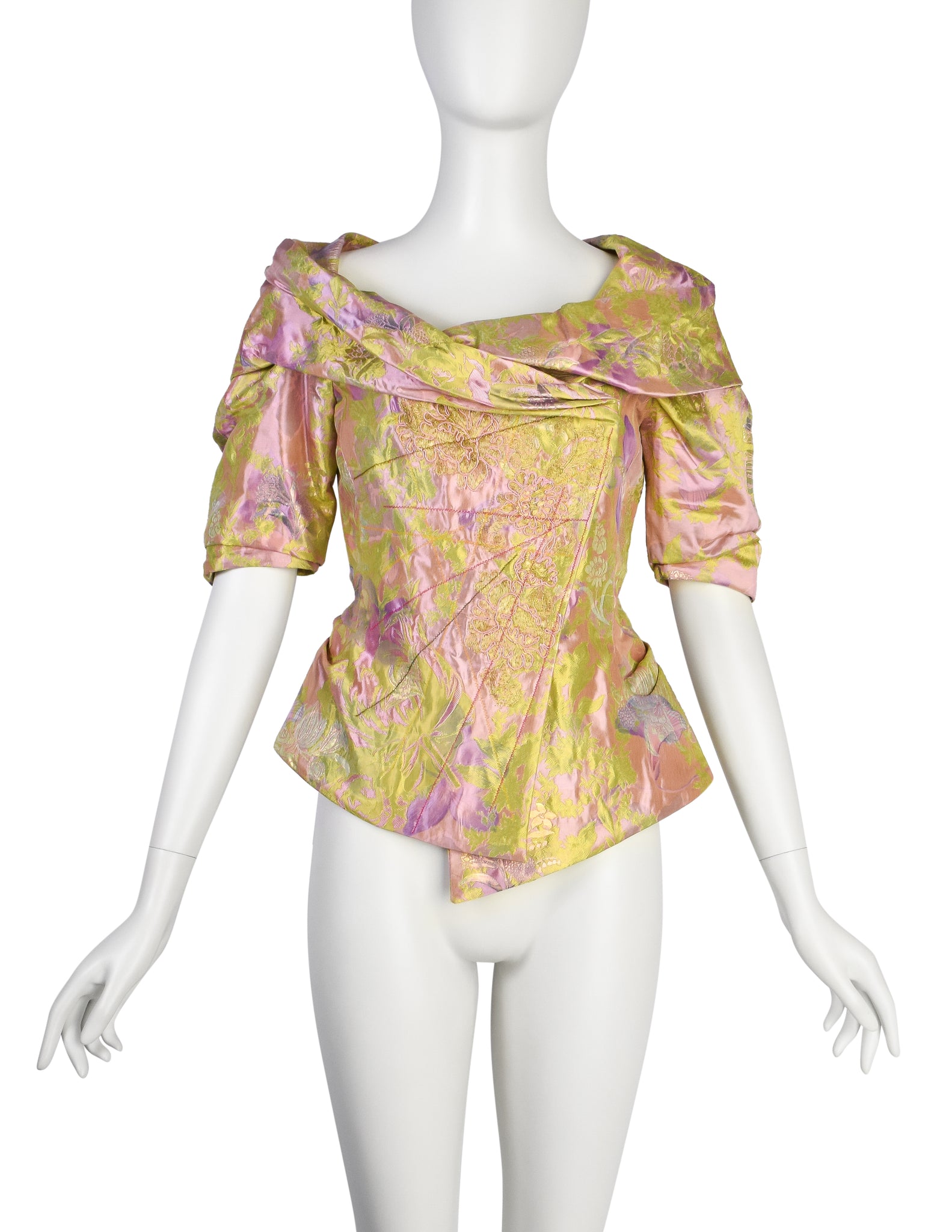 Christian Lacroix Vintage SS 1999 Pink Green Metallic Iridescent Floral Brocade Embroidered Satin Jacket Top