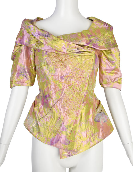 Christian Lacroix Vintage SS 1999 Pink Green Metallic Iridescent Floral Brocade Embroidered Satin Jacket Top