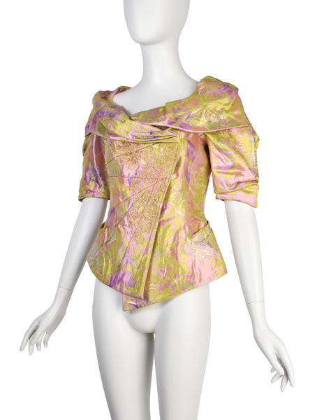 Christian Lacroix Vintage SS 1999 Pink Green Metallic Iridescent Floral Brocade Embroidered Satin Jacket Top