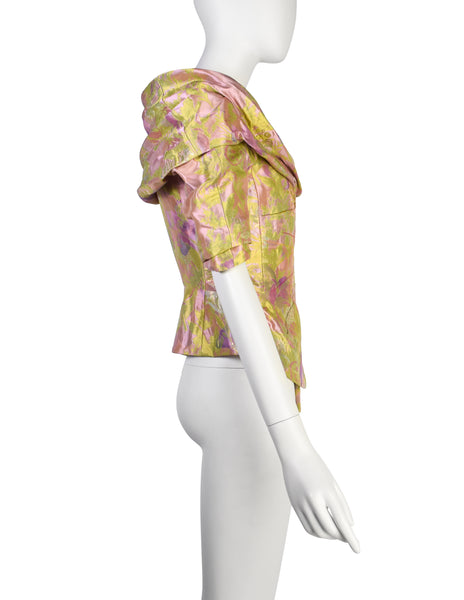 Christian Lacroix Vintage SS 1999 Pink Green Metallic Iridescent Floral Brocade Embroidered Satin Jacket Top