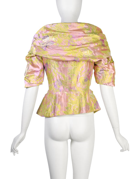 Christian Lacroix Vintage SS 1999 Pink Green Metallic Iridescent Floral Brocade Embroidered Satin Jacket Top