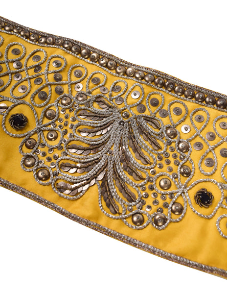 Christian Lacroix Vintage Embellished Embroidered Yellow Satin Belt