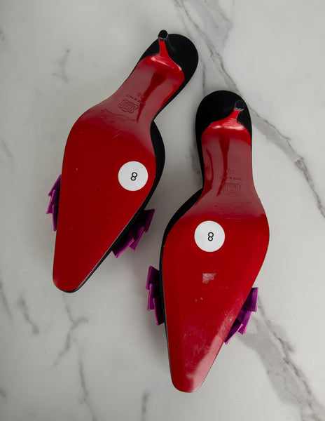 Christian Louboutin Vintage Pink Satin Bow and Black Grosgrain Mule Heels