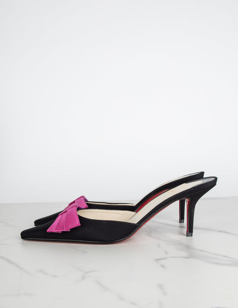 Christian Louboutin Vintage Pink Satin Bow and Black Grosgrain Mule Heels