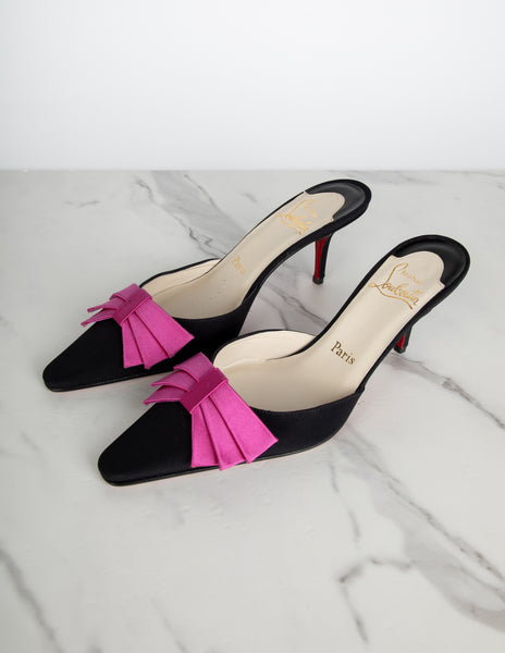 Christian Louboutin Vintage Pink Satin Bow and Black Grosgrain Mule Heels