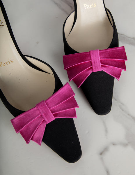Christian Louboutin Vintage Pink Satin Bow and Black Grosgrain Mule Heels