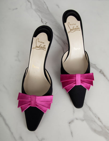 Christian Louboutin Vintage Pink Satin Bow and Black Grosgrain Mule Heels