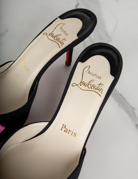 Christian Louboutin Vintage Pink Satin Bow and Black Grosgrain Mule Heels