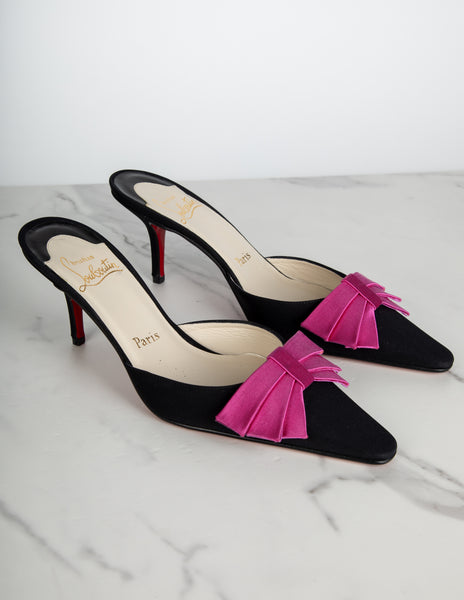 Christian Louboutin Vintage Pink Satin Bow and Black Grosgrain Mule Heels
