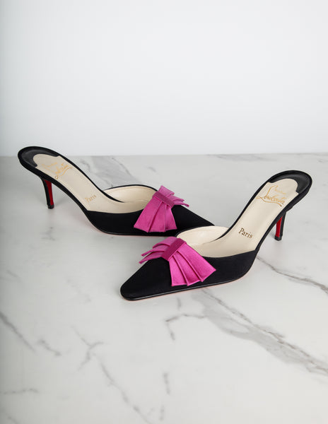 Christian Louboutin Vintage Pink Satin Bow and Black Grosgrain Mule Heels