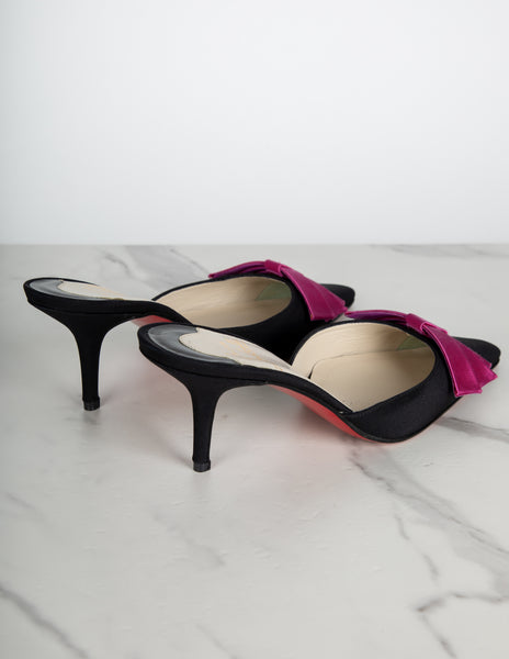 Christian Louboutin Vintage Pink Satin Bow and Black Grosgrain Mule Heels