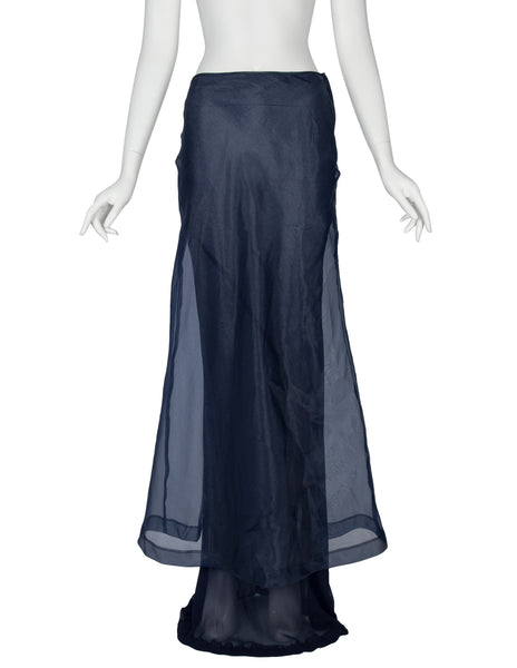Comme des Garcons Vintage 1997 Navy Blue Organza and Chiffon Layered Sheer Trained Maxi Skirt