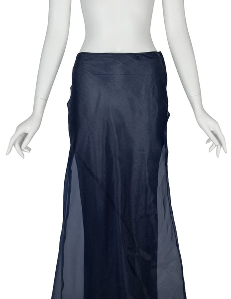 Comme des Garcons Vintage 1997 Navy Blue Organza and Chiffon Layered Sheer Trained Maxi Skirt