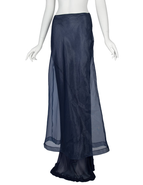 Comme des Garcons Vintage 1997 Navy Blue Organza and Chiffon Layered Sheer Trained Maxi Skirt
