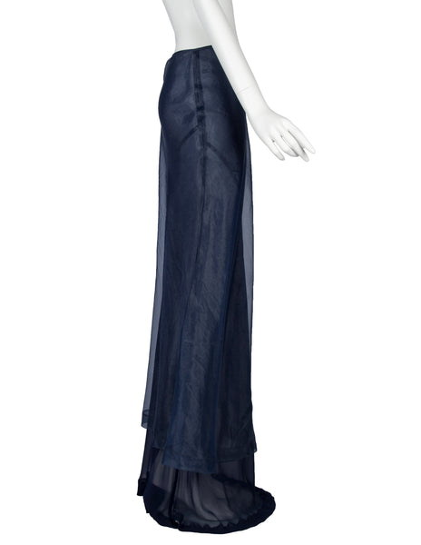 Comme des Garcons Vintage 1997 Navy Blue Organza and Chiffon Layered Sheer Trained Maxi Skirt