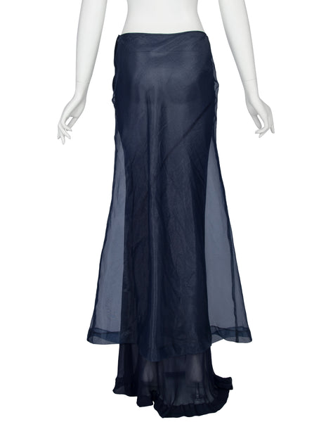 Comme des Garcons Vintage 1997 Navy Blue Organza and Chiffon Layered Sheer Trained Maxi Skirt