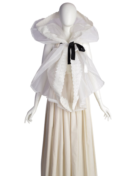 Comme des Garcons Vintage SS 2002 Off-White Full Skirt Runway Dress with Huge Layered Embroidered Lace Collar